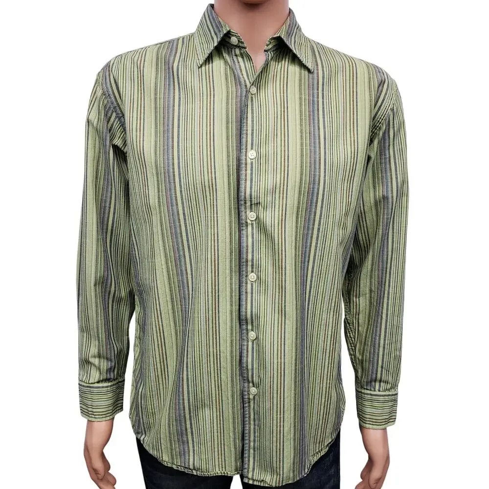 Vintage J. Crew Shirt Men M Green Multicolor Striped Button up Long Sleeve